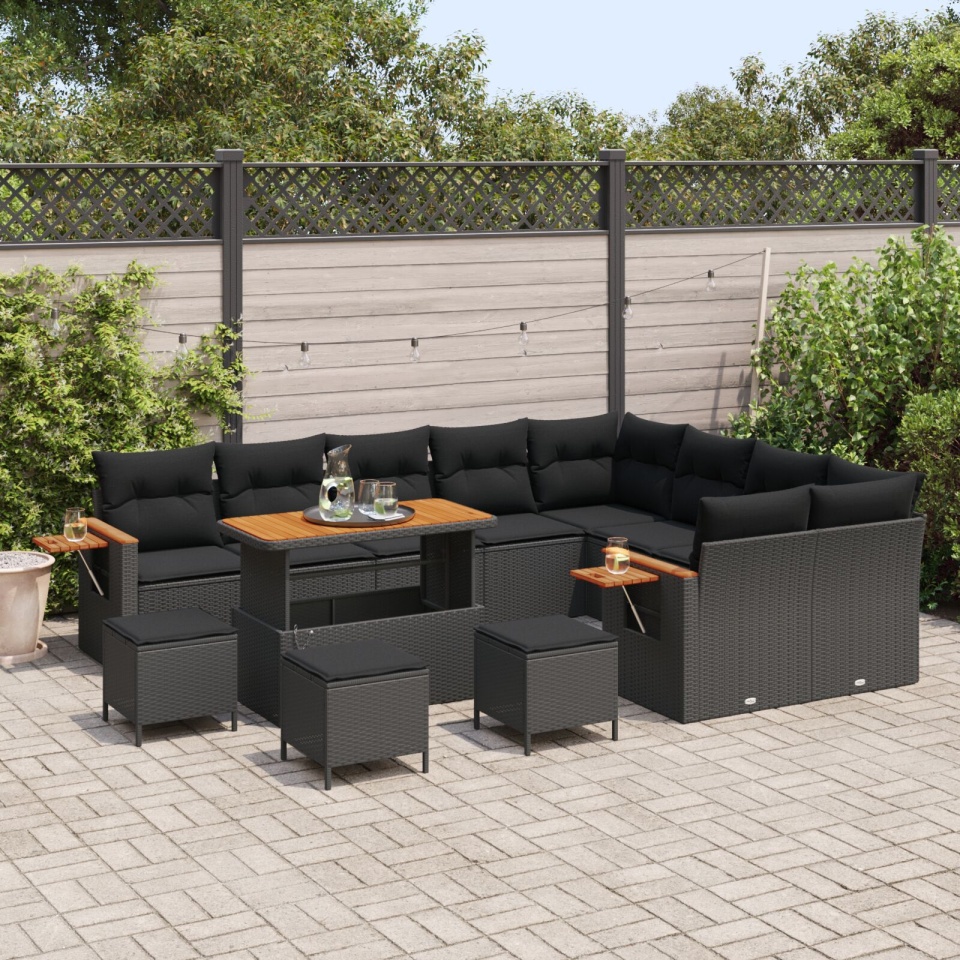 Set Canapea Grădină 13 Piese cu Perne Negru Rattan Poliratan Acacia, Set Dining Grădină 4 Piese cu Perne Negru Rattan Poliratan Acacia - 2 | YEO