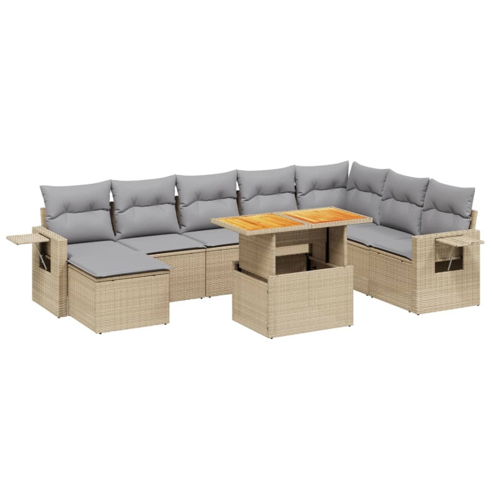 Set canapele de grădină, 9 piese, cu perne, bej, poliratan - 1 | YEO