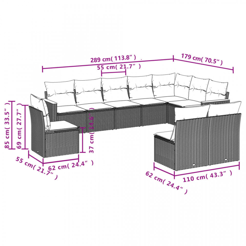 Set canapele de grădină cu perne, 10 piese, negru, poliratan - 2 | YEO