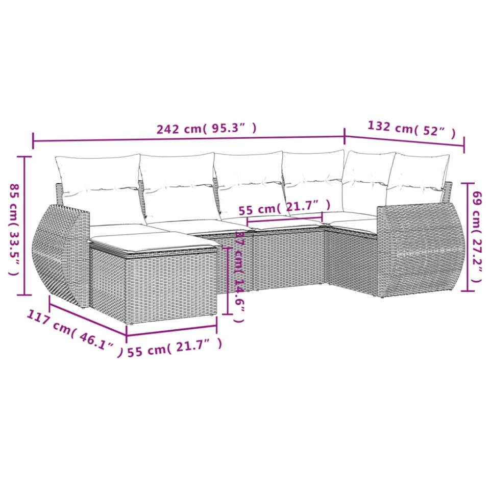 Set canapele de grădină cu perne, 6 piese, maro, poliratan - 2 | YEO