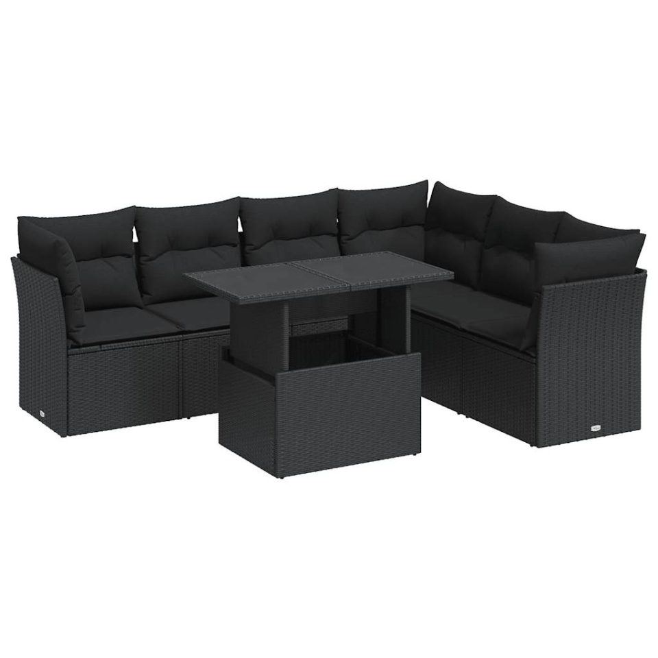 Set canapele de grădină cu perne, 7 piese, negru, poliratan - 1 | YEO