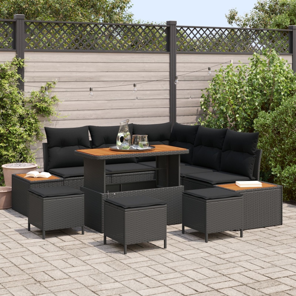 Set canapele grădină 9 piese cu perne Negru Ratan Poliuretan Acacia, Set dining grădină 4 piese cu perne Negru Ratan Poliuretan Acacia