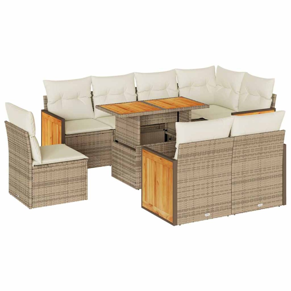 Set canapele grădină cu perne 9 piese bej poliratan/lemn acacia - 1 | YEO