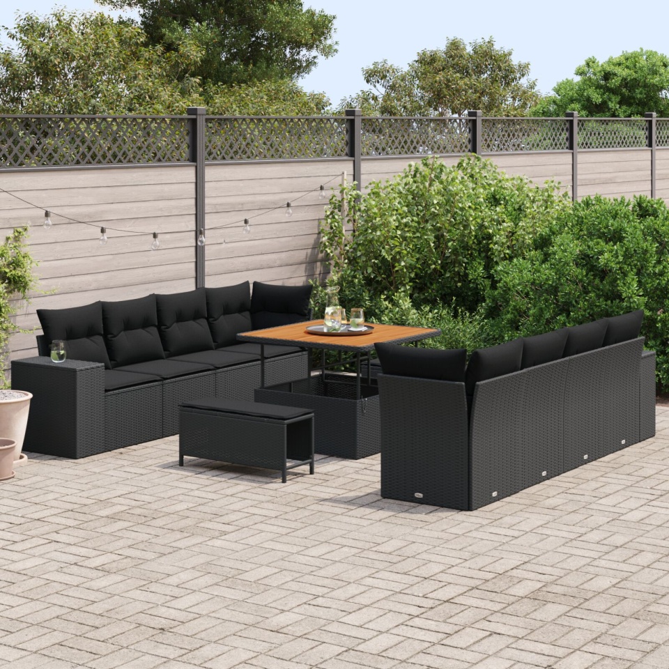 Set de 11 piese canapea de grădină cu perne Negru Poliratan Acacia, Set de 3 piese pentru cină în grădină cu perne Negru Poliratan Acacia - 2 | YEO