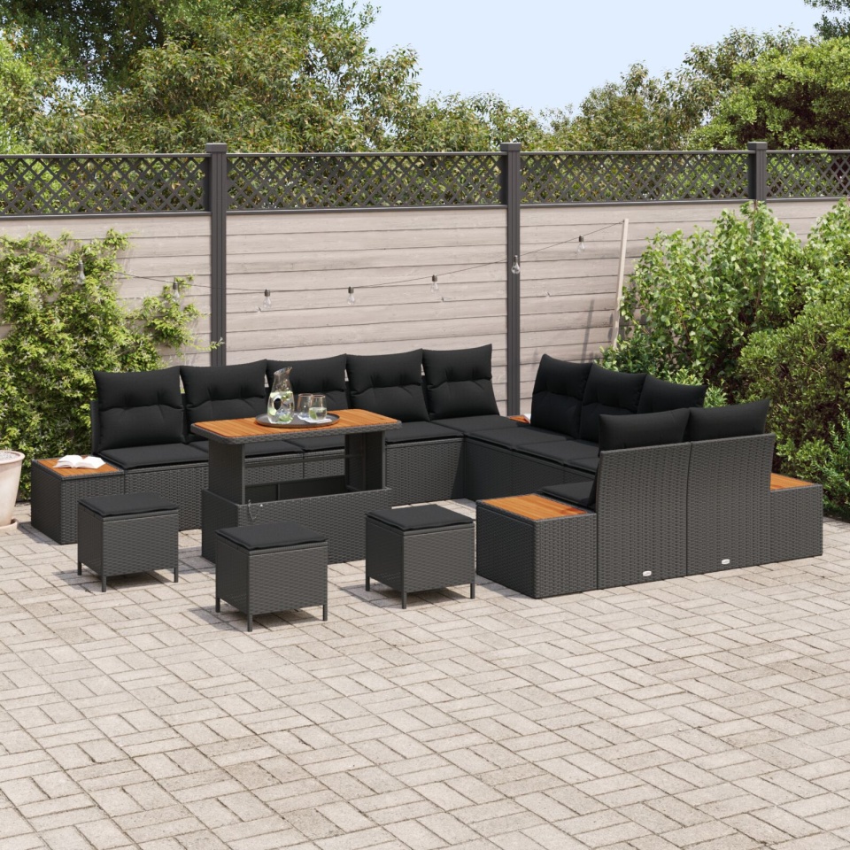 Set de 13 Piese Sofa de Grădină cu Pernuțe Negru Poliratan Acacia, Set de 3 Piese Masă de Grădină cu Pernuțe Negru Poliratan Acacia - 2 | YEO
