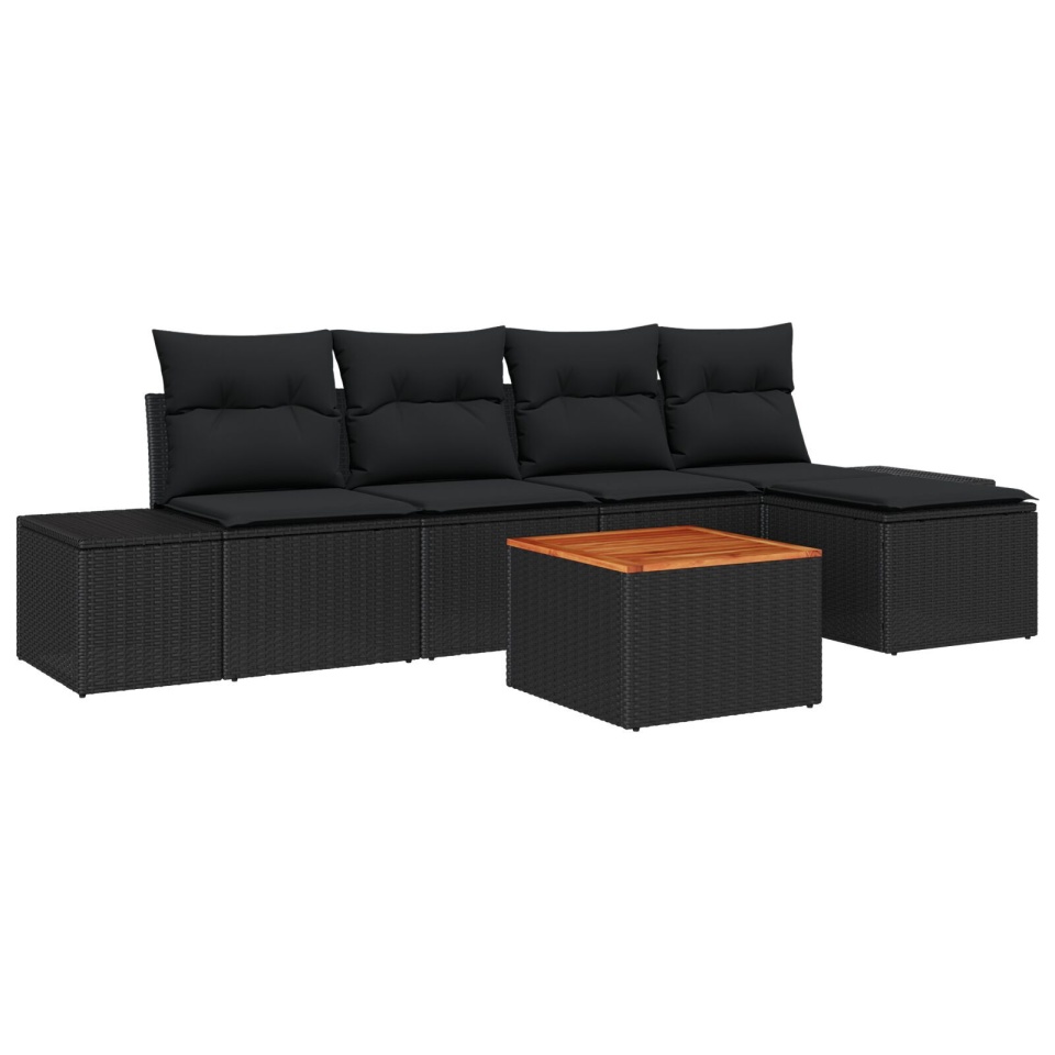 Set de 6 Piese pentru Grădină cu Perne Negru din Ratan Acacia - 1 | YEO