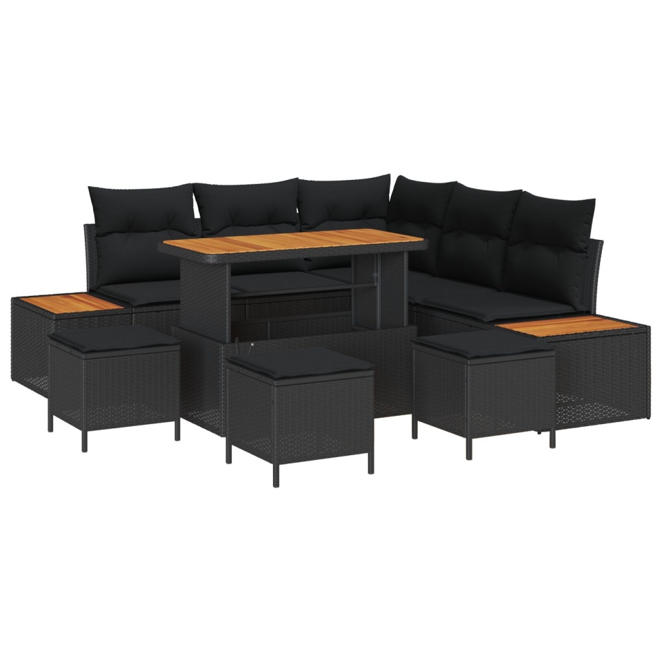 Set de canapea de grădină 8 piese cu perne Negru Poliratan Acacia, Set de dining de grădină 3 piese cu perne Negru Poliratan Acacia - 1 | YEO