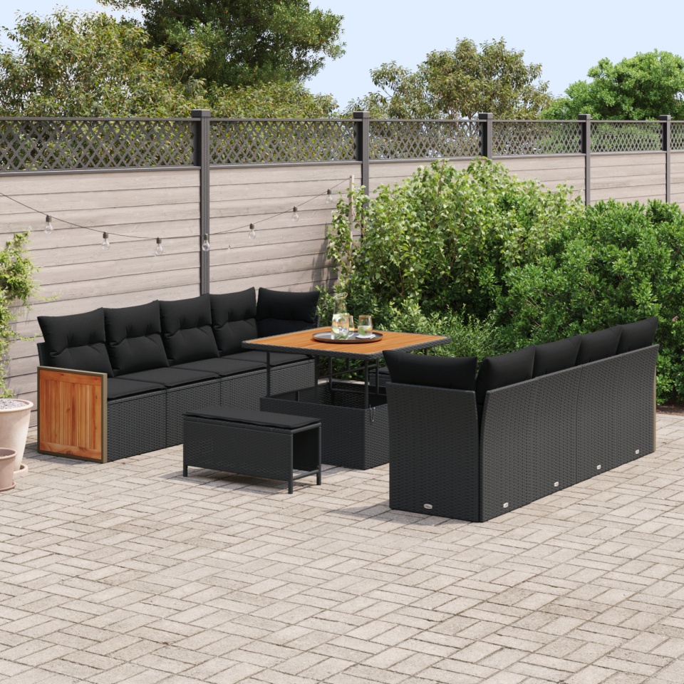 Set de canapea de grădină cu 11 piese și perne Negru Poliratan Acacia, Set de dining de grădină cu 3 piese cu perne Negru Poliratan Acacia - 2 | YEO