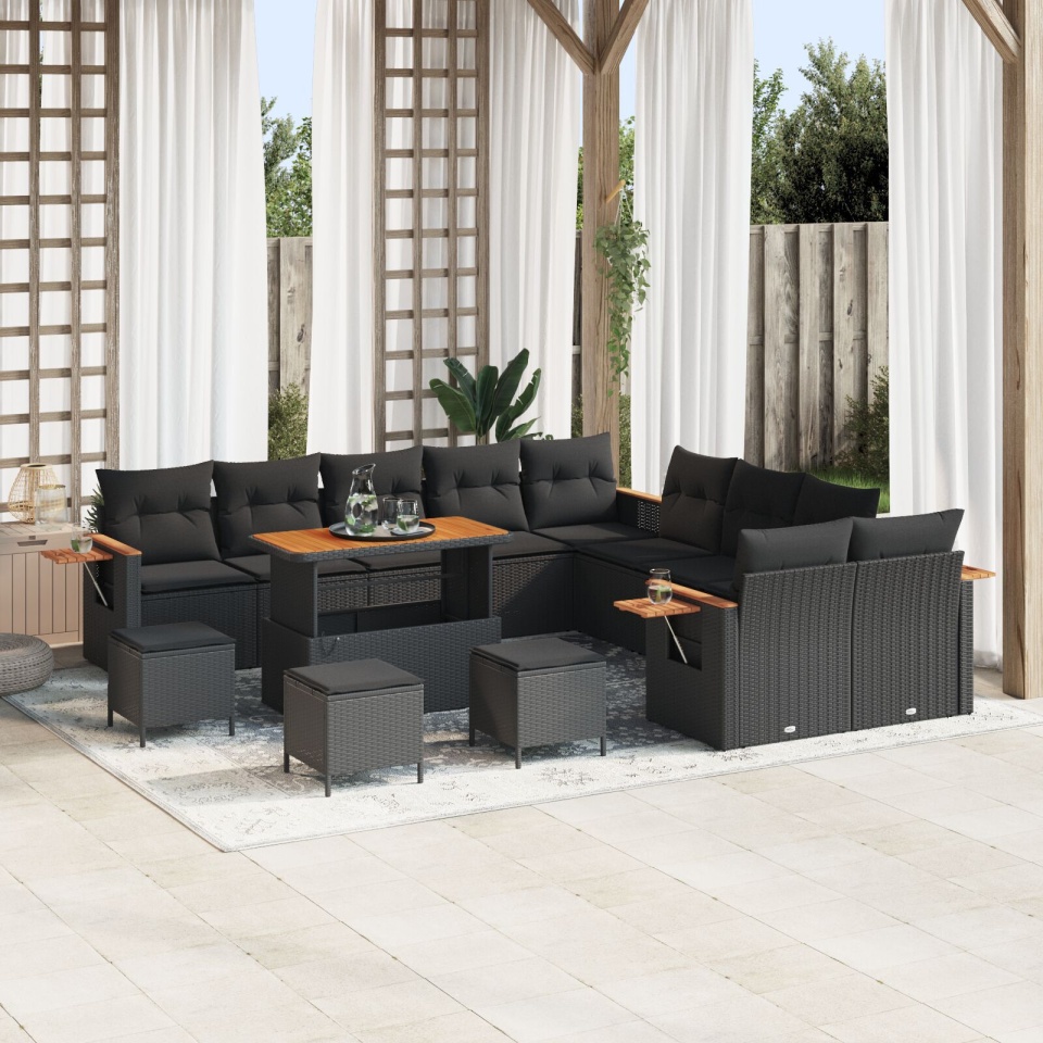 Set de canapea de grădină cu 13 piese cu perne Negru Ratan Poli Acacia, Set de dining de grădină cu 3 piese cu perne Negru Ratan Poli Acacia