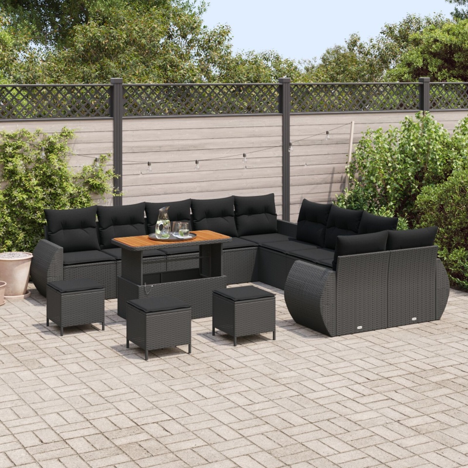 Set de Canapea de Grădină cu 13 Piese cu Perne Ratan Polimeric Negru Acacia, Set de Masa de Grădină cu 3 Piese cu Perne Ratan Polimeric Negru Acacia - 2 | YEO