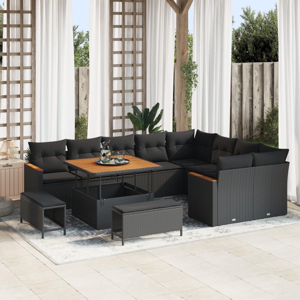 Set de canapea de grădină cu perne 12 piese Negru Poliratan Acacia, Set de dining de grădină 3 piese cu perne Negru Poliratan Acacia