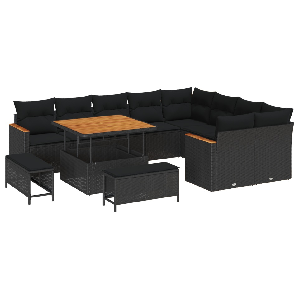 Set de canapea de grădină cu perne 12 piese Negru Poliratan Acacia, Set de dining de grădină 3 piese cu perne Negru Poliratan Acacia - 1 | YEO