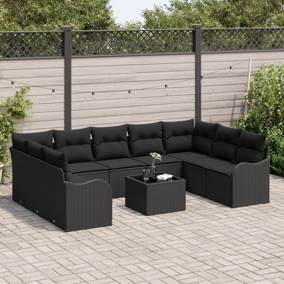 Set de Canapea Grădină 10 Piese cu Perne Bej din Ratan PVC, Canapea Grădină cu 2 Locuri cu Perne Negre din Ratan PVC - 2 | YEO