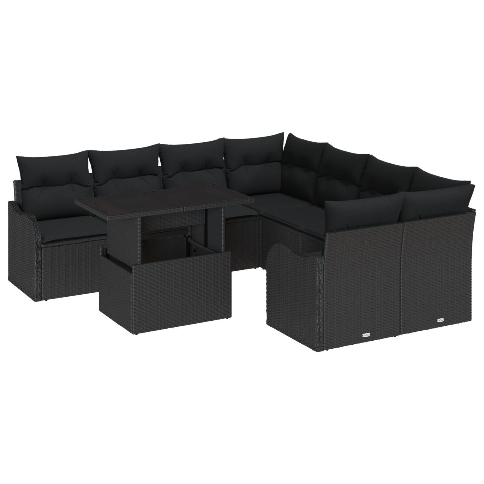 Set de canapea grădină cu 9 piese cu perne Ratan Poly Negru , Canapea de grădină cu 2 locuri cu perne Ratan Poly Negru - 1 | YEO