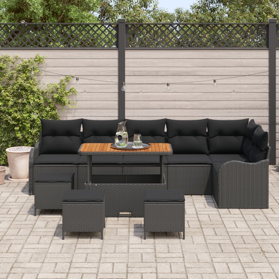 Set de Canapea pentru Grădină 10 Piese cu Perne Ratan Poli Negru Acacia, Canapea Grădină 2 Locuri cu Perne Ratan Poli Negru, Set de Dining pentru Grădină 4 Piese cu Perne Ratan Poli Negru Acacia - 2 | YEO