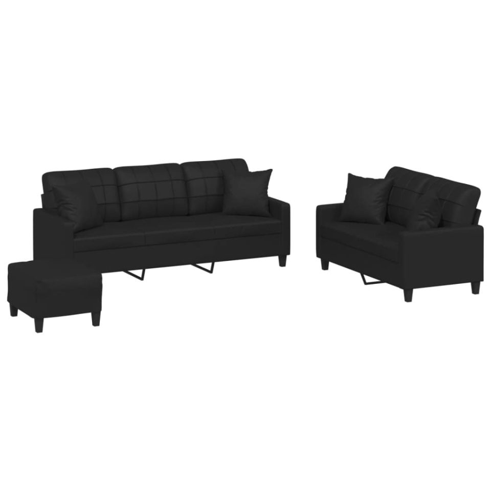 Set de canapele cu perne, 3 piese, negru, piele ecologică - 1 | YEO