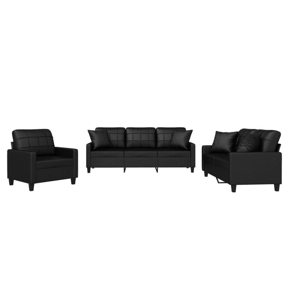 Set de canapele cu perne, 3 piese, negru, piele ecologică - 1 | YEO