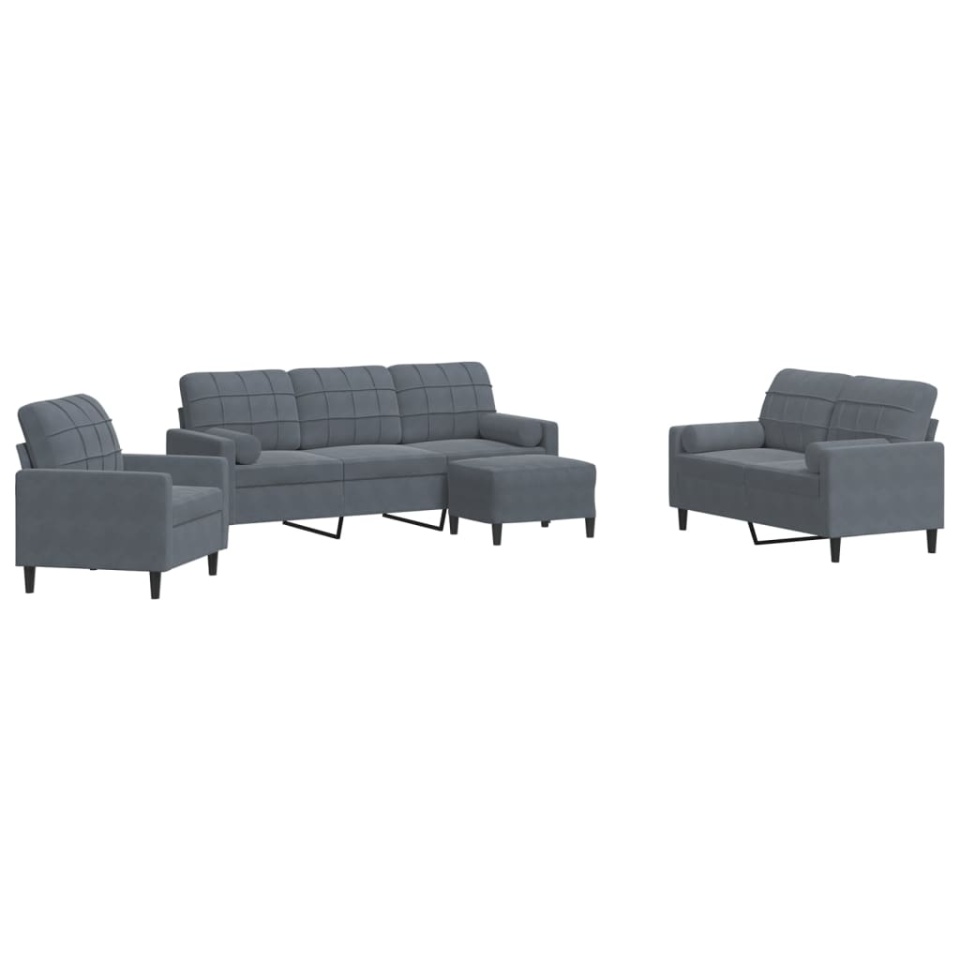 Set de canapele cu perne/rulouri, 4 piese, gri închis, catifea - 1 | YEO
