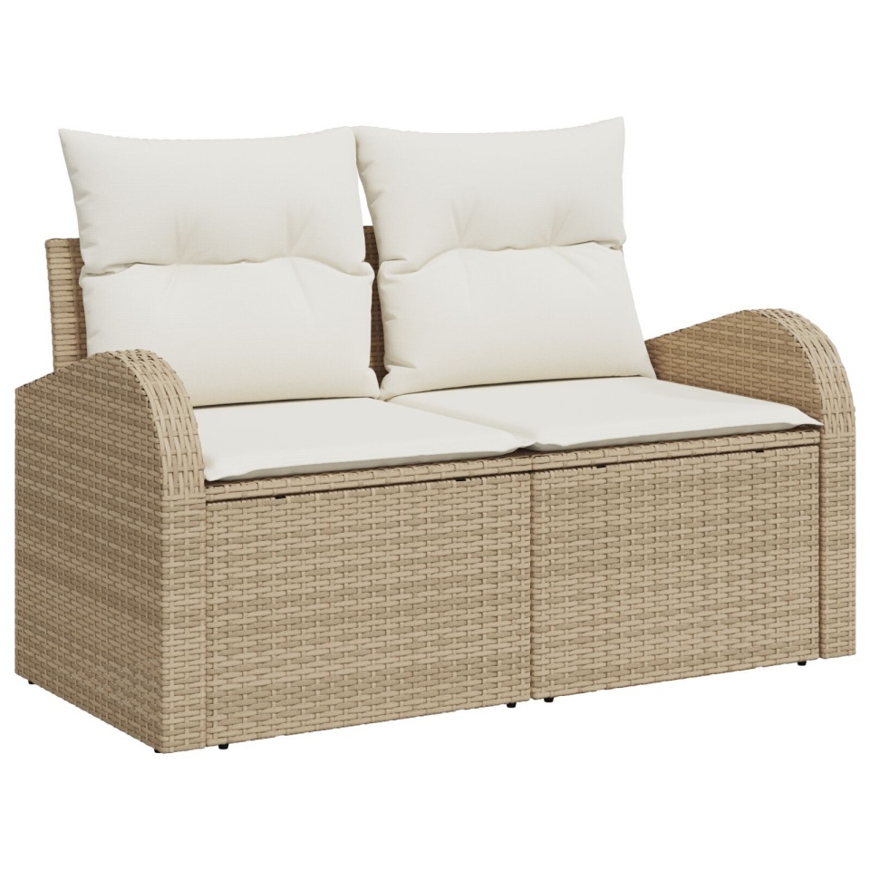 Set de Canapele pentru Grădină 9 Piese cu Perne Bej Ratan Poly, Canapea Grădină pentru 2 Persoane cu Stocare & Perne Bej Ratan Poly - 3 | YEO