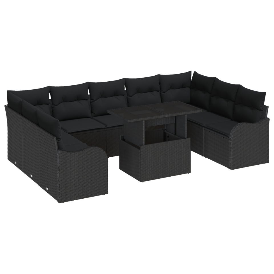 Set de canapele pentru grădină din 10 piese cu perne, Negru, Poliratan, Canapea de grădină pentru 2 persoane cu perne, Negru, Poliratan - 1 | YEO
