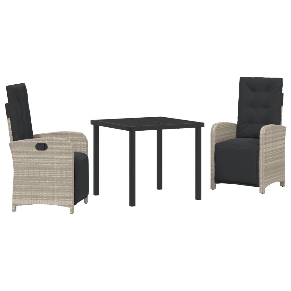 Set de dining grădină 3 piese perne gri deschis ratan poliester, Masă de grădină neagră 80x80x73 cm din sticlă securizată - 1 | YEO