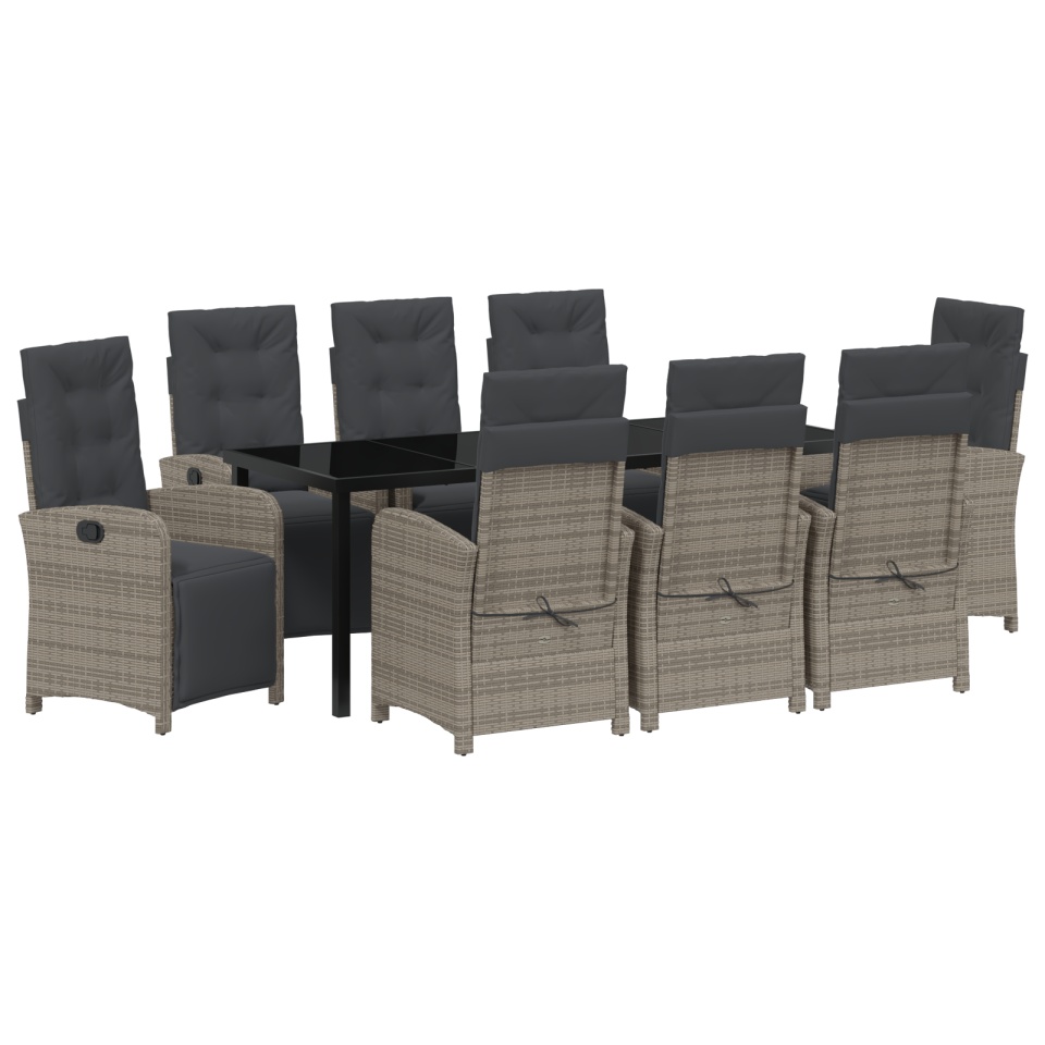 Set de dining pentru grădină cu 9 piese și perne gri din ratan poli, Masă de grădină neagră 200x80x73 cm din sticlă securizată - 1 | YEO