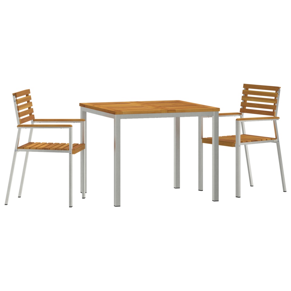 Set de dining pentru grădină de 3 piese din lemn solid de acacia, Masă de dining pentru exterior 90x90x74.5 cm din lemn solid de acacia, Scaune de grădină stivuibile 2 bucăți din lemn solid de acacia și oțel - 1 | YEO
