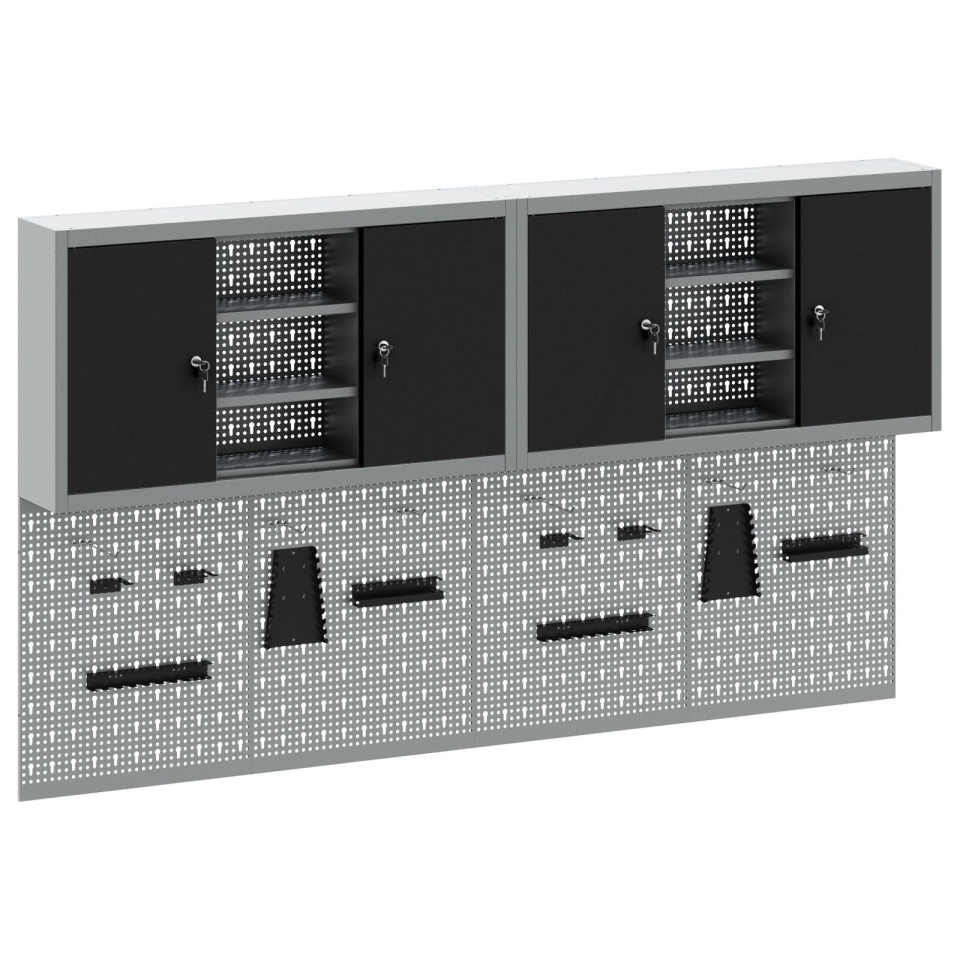 Set de dulap pentru unelte și panou de prindere de 4 piese, montat pe perete, metal negru - 1 | YEO