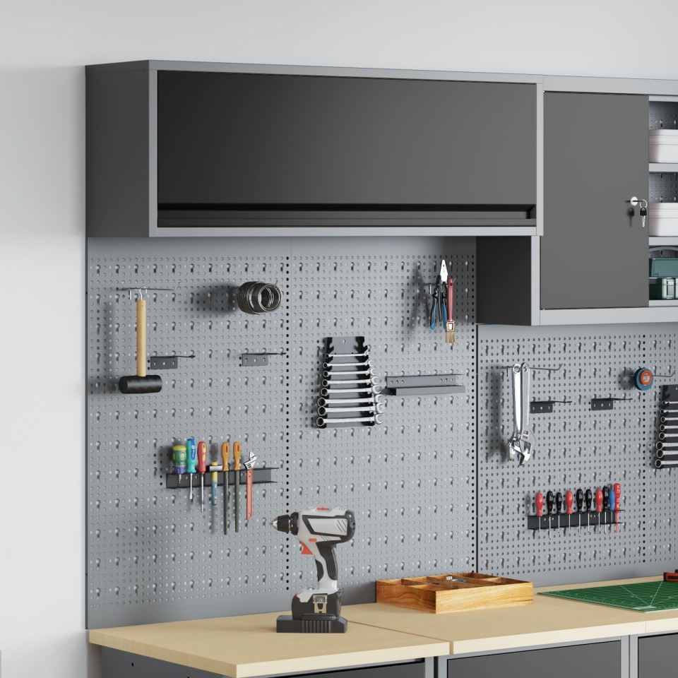 Set de Dulap pentru Unelte și Panou Organizer 3 Piese Montat pe Perete Metal Negru