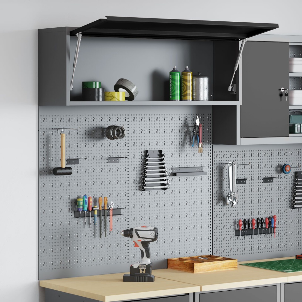 Set de Dulap pentru Unelte și Panou Organizer 3 Piese Montat pe Perete Metal Negru - 3 | YEO
