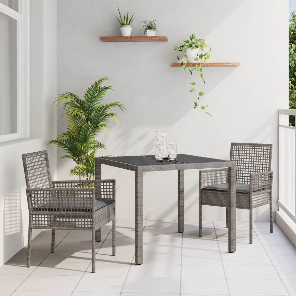 Set de grădină pentru dining cu 3 piese și perne, gri din poliratan