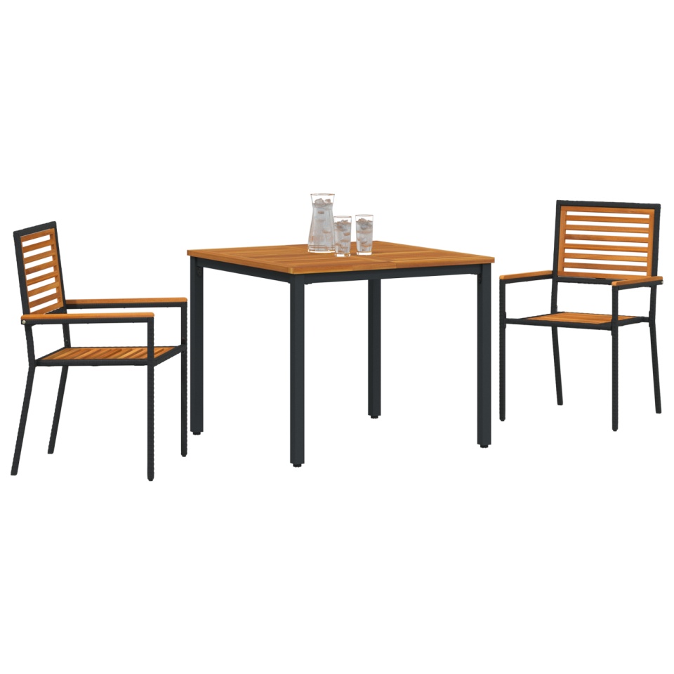 Set de Masă pentru Grădină de 3 Piese Rattan Poly Negru Acacia, Scaune de Grădină Stivuibile cu Perne 2 buc Rattan Poly Negru, Masă de Grădină 90x90x75 cm Lemn Solid de Acacia și Metal - 2 | YEO