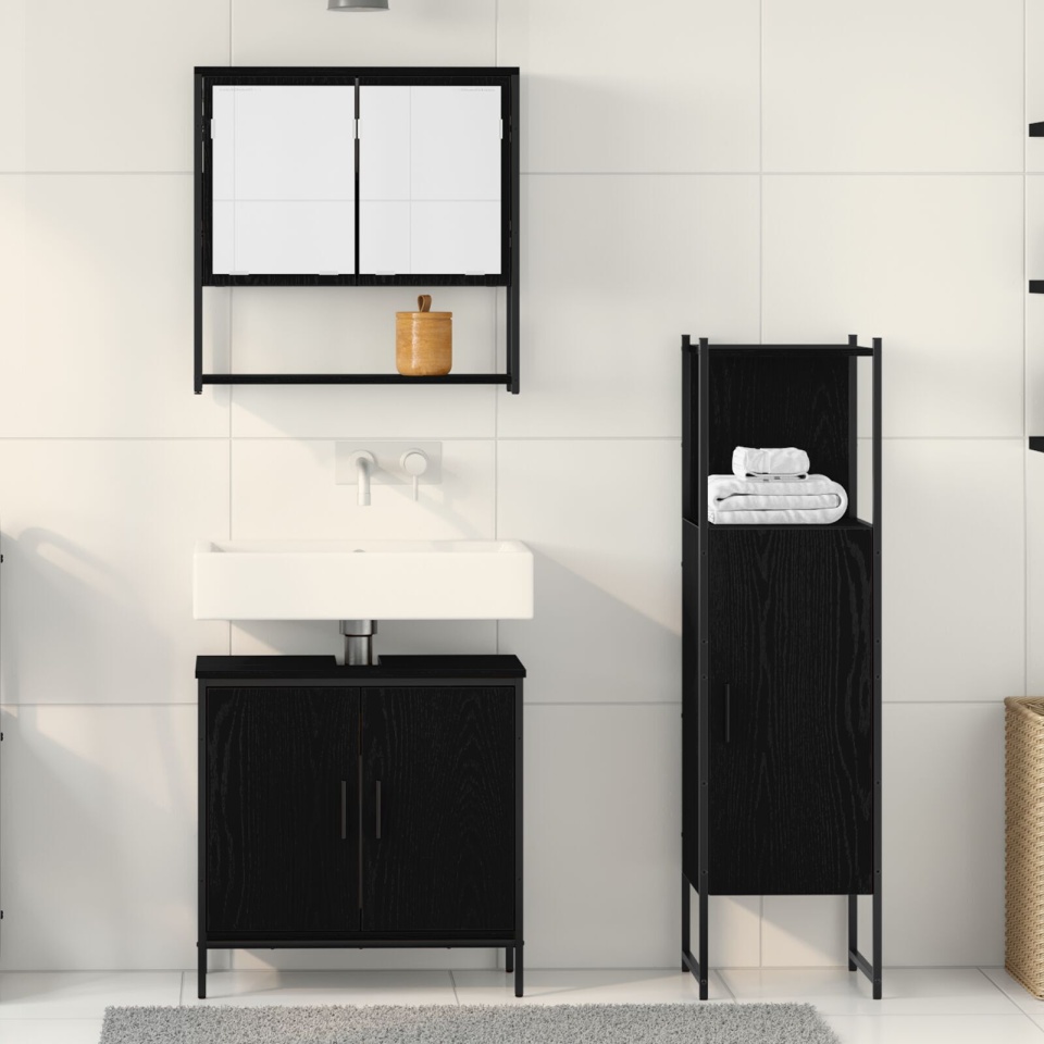 Set de Mobilier pentru Baie 3 Piese Negru Stejar Lemn Prelucrat - 3 | YEO