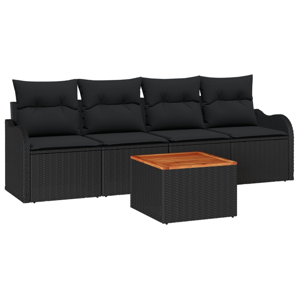 Set de sofa de grădină 5 piese cu perne Negru Poliratan Acacia, Sofa de grădină 2 locuri cu perne Negru Poliratan - 1 | YEO