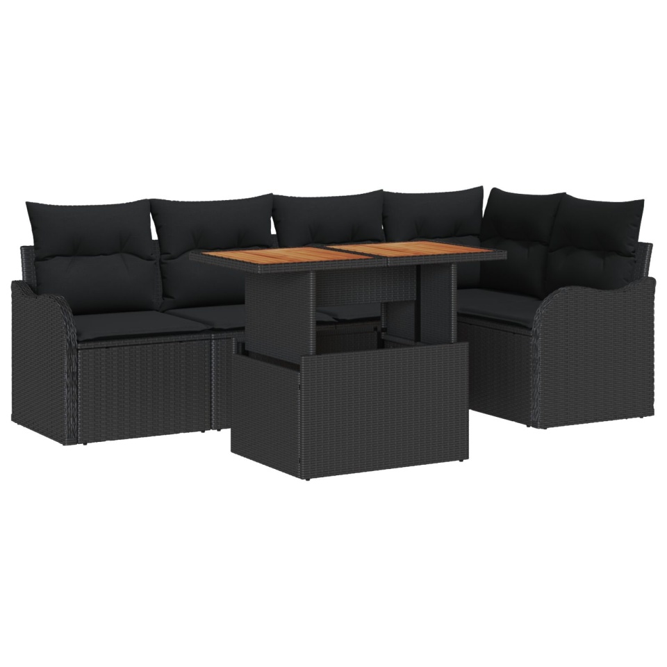 Set de Sofa de Grădină cu 6 Piese și Perne din Ratan Poli Negru, Sofa de Grădină cu 2 Locuri și Spațiu de Stocare & Perne din Ratan Poli Negru - 1 | YEO