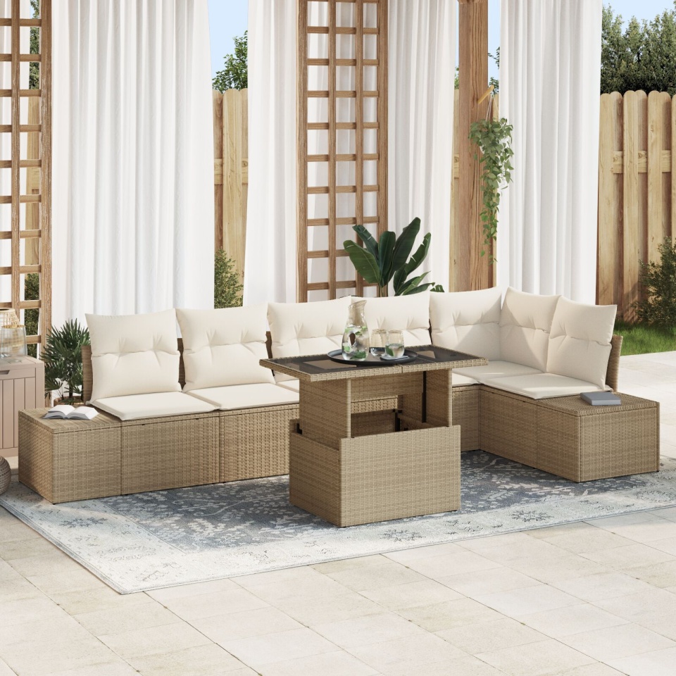 set de sofa de grădină cu perne în bej din ratan poli