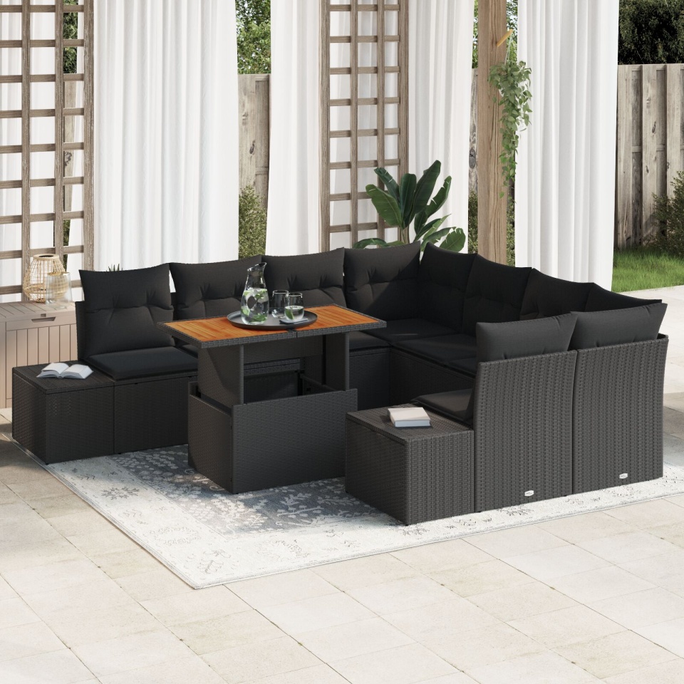 Set de sofa pentru grădină Set de 9 Negru Ratan, material textil