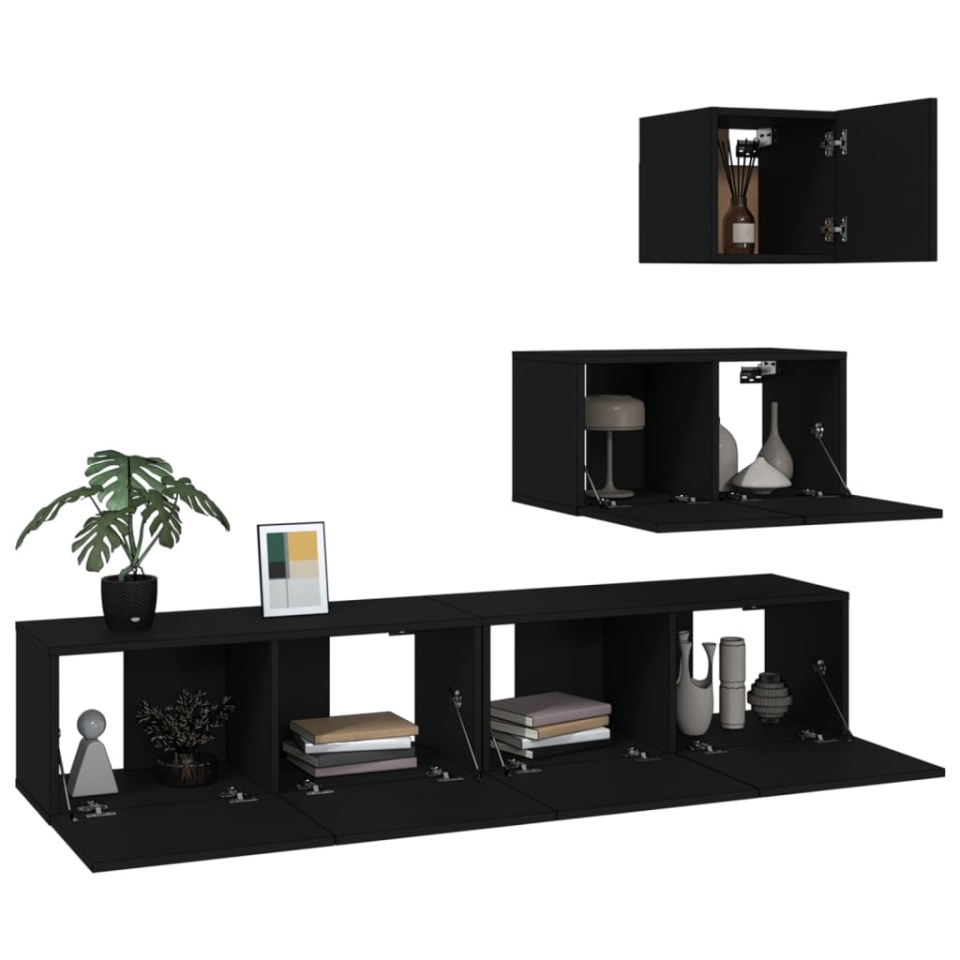 Set dulap TV, 4 piese, negru, lemn prelucrat - 3 | YEO