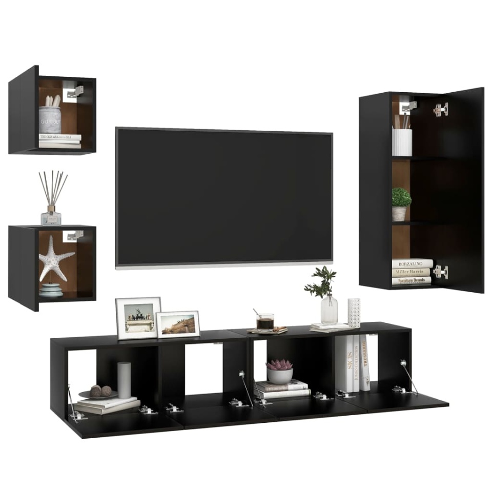 Set dulapuri TV, 5 piese, negru, lemn prelucrat - 2 | YEO