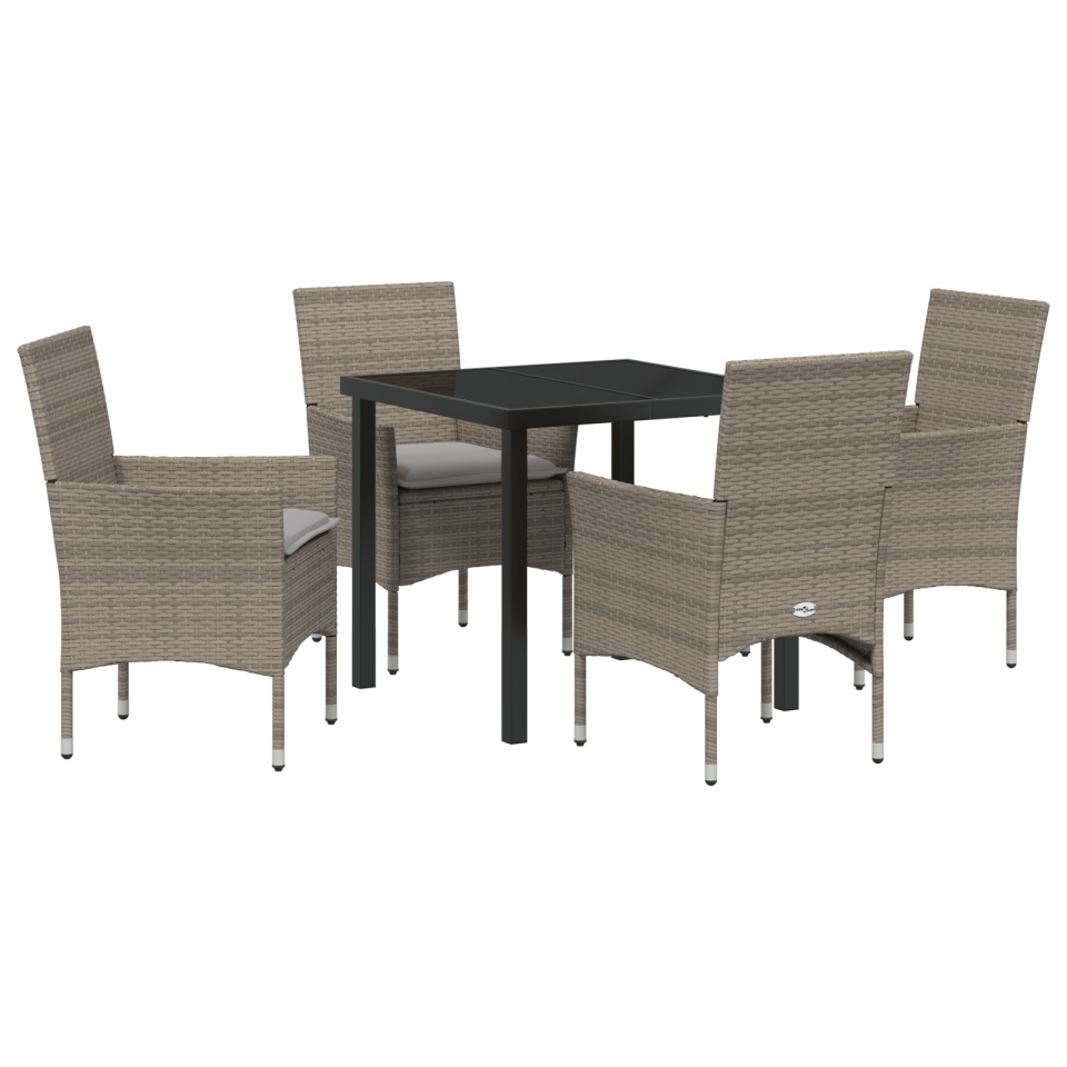 Set masă grădină 5 piese cu perne Gri Poliratan, Masă grădină Neagră 80x80x73 cm Sticlă Temperată - 1 | YEO