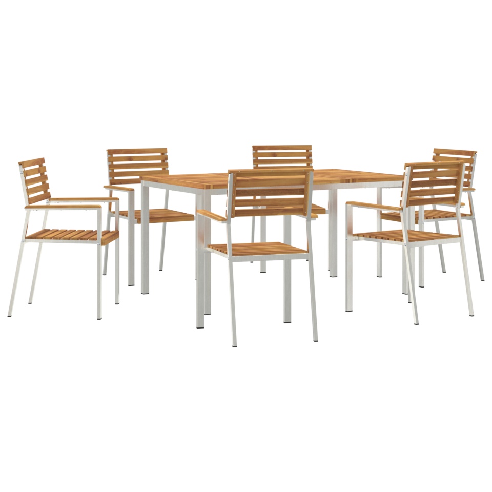 Set mese grădină 7 piese lemn masiv de acacia, Masă dining 150x90x75 cm lemn masiv de acacia, Scaune terasă stackable 2 buc lemn masiv de acacia și oțel, Scaune terasă stackable 4 buc lemn masiv de acacia și oțel - 1 | YEO