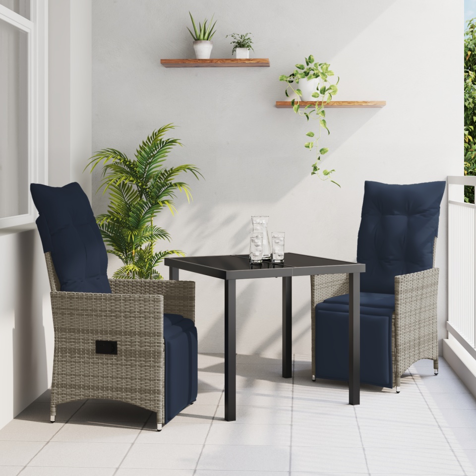 Set mese grădină cu perne gri, Masă grădină neagră 80x80x73 cm cu sticlă securizată
