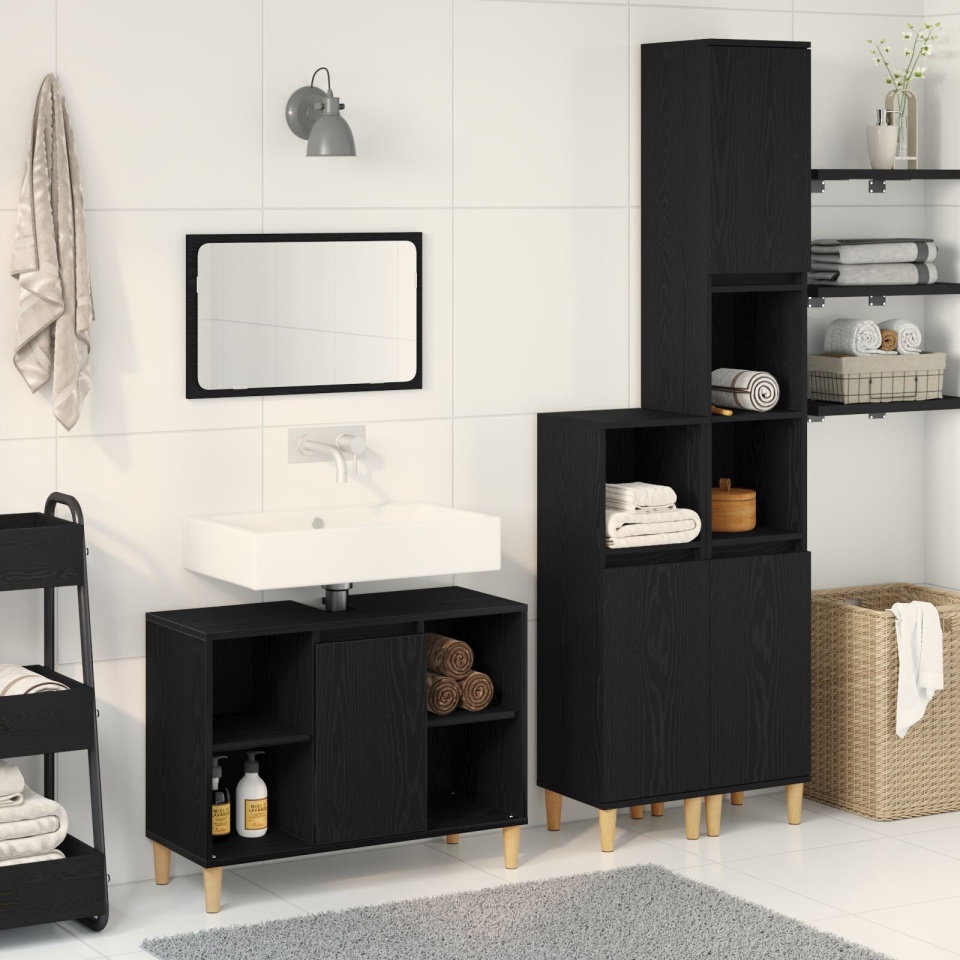 Set mobilier baie 3 piese stejar negru lemn prelucrat, Dulap baie stejar negru 30x30x190 cm lemn prelucrat, Dulap baie stejar negru 30x30x100 cm lemn prelucrat
