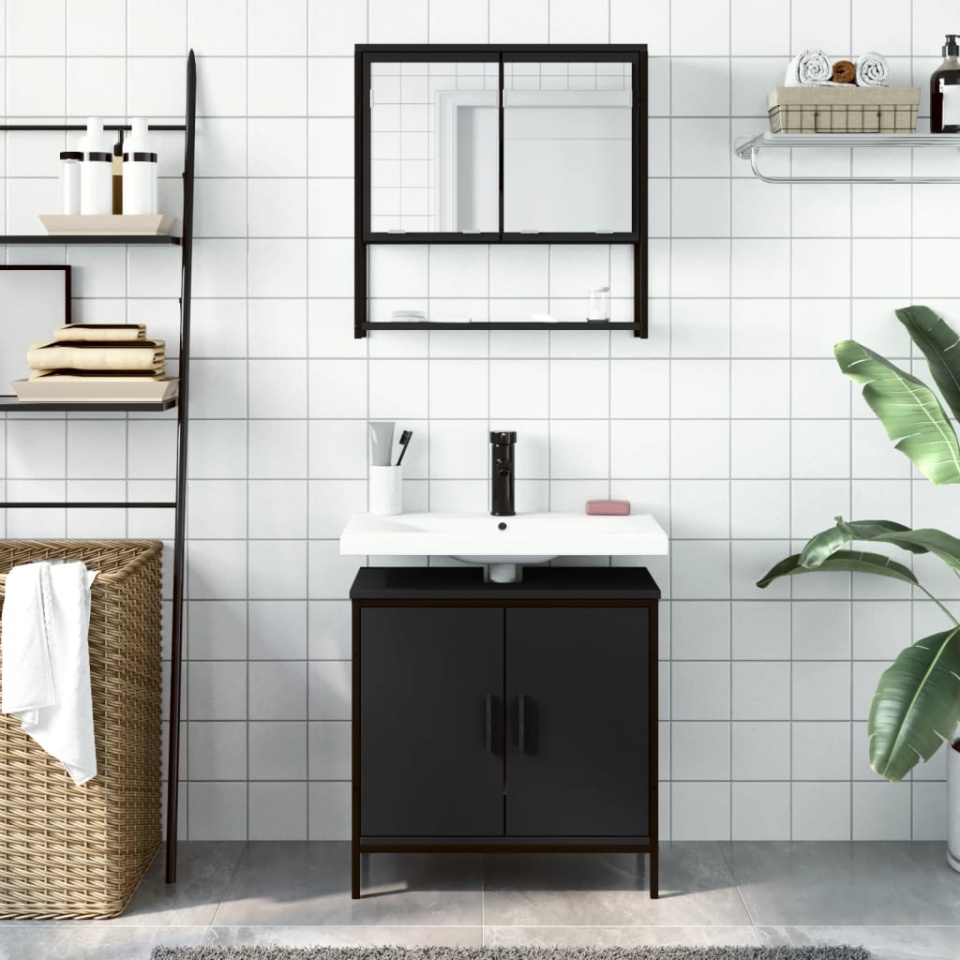 Set mobilier de baie, 2 piese, negru, lemn compozit - 2 | YEO