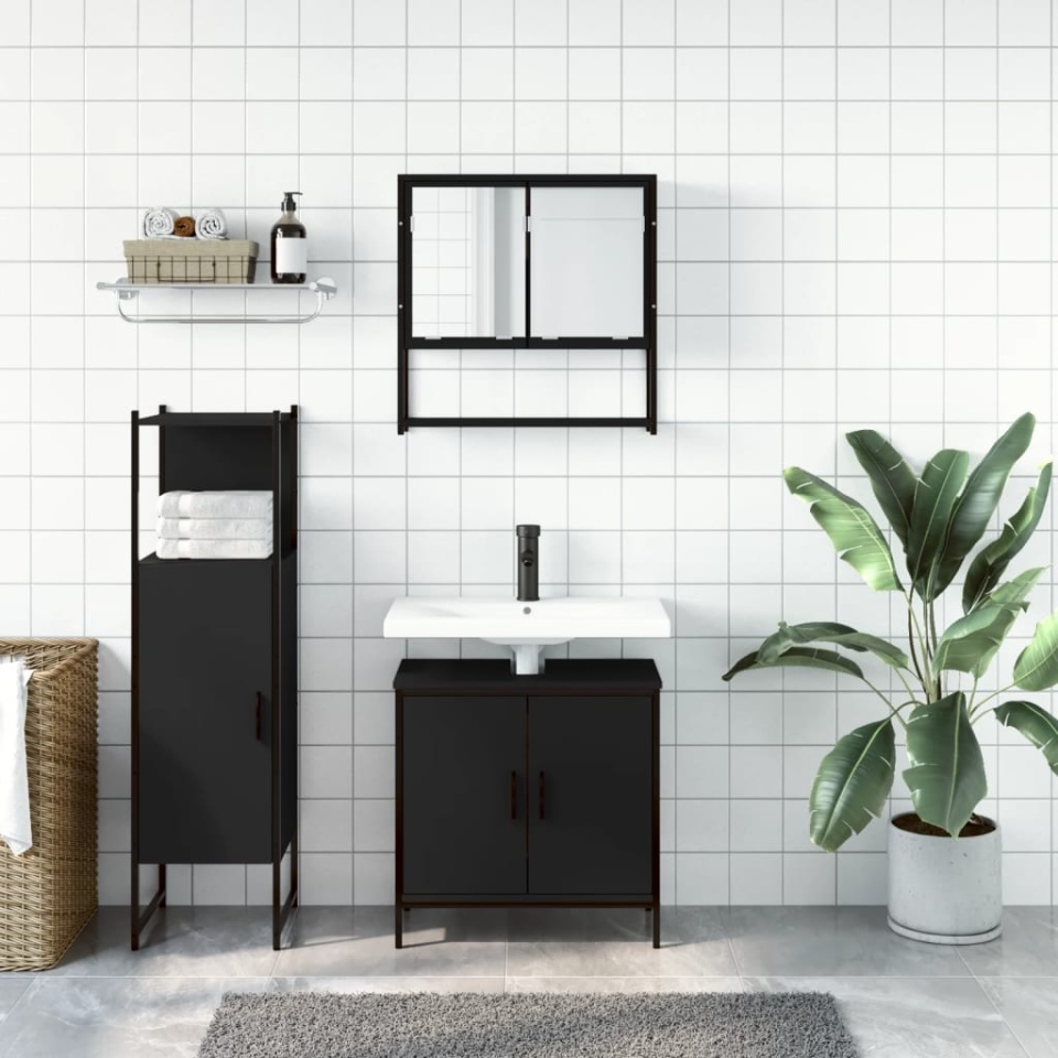Set mobilier de baie, 3 piese, negru, lemn compozit - 2 | YEO