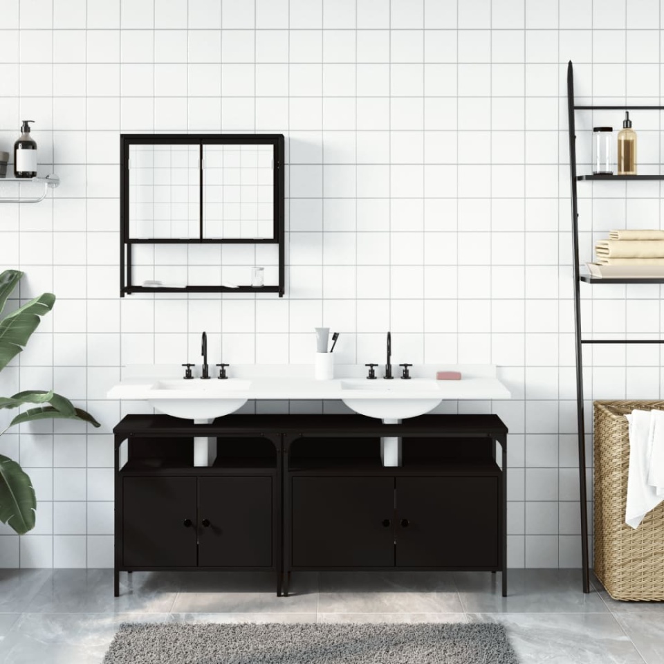 Set mobilier de baie, 3 piese, negru, lemn compozit - 2 | YEO