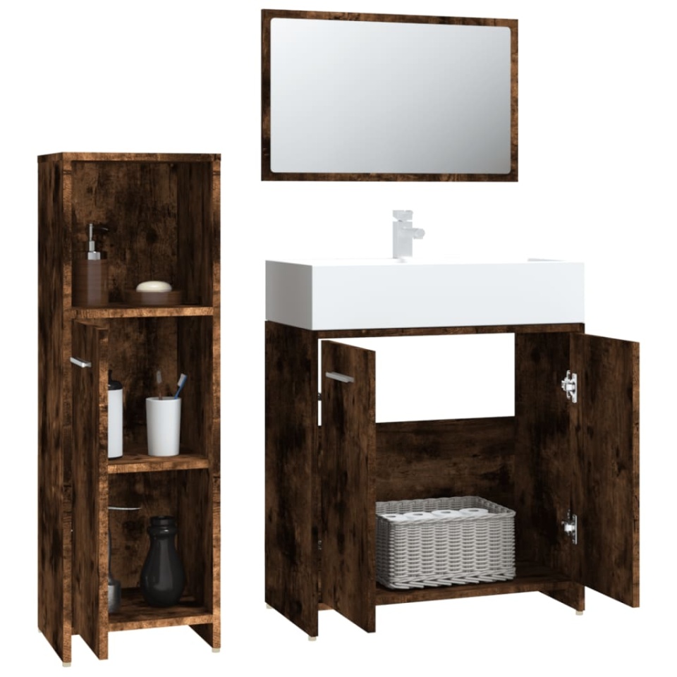 Set mobilier de baie, 3 piese, stejar fumuriu, lemn prelucrat - 3 | YEO