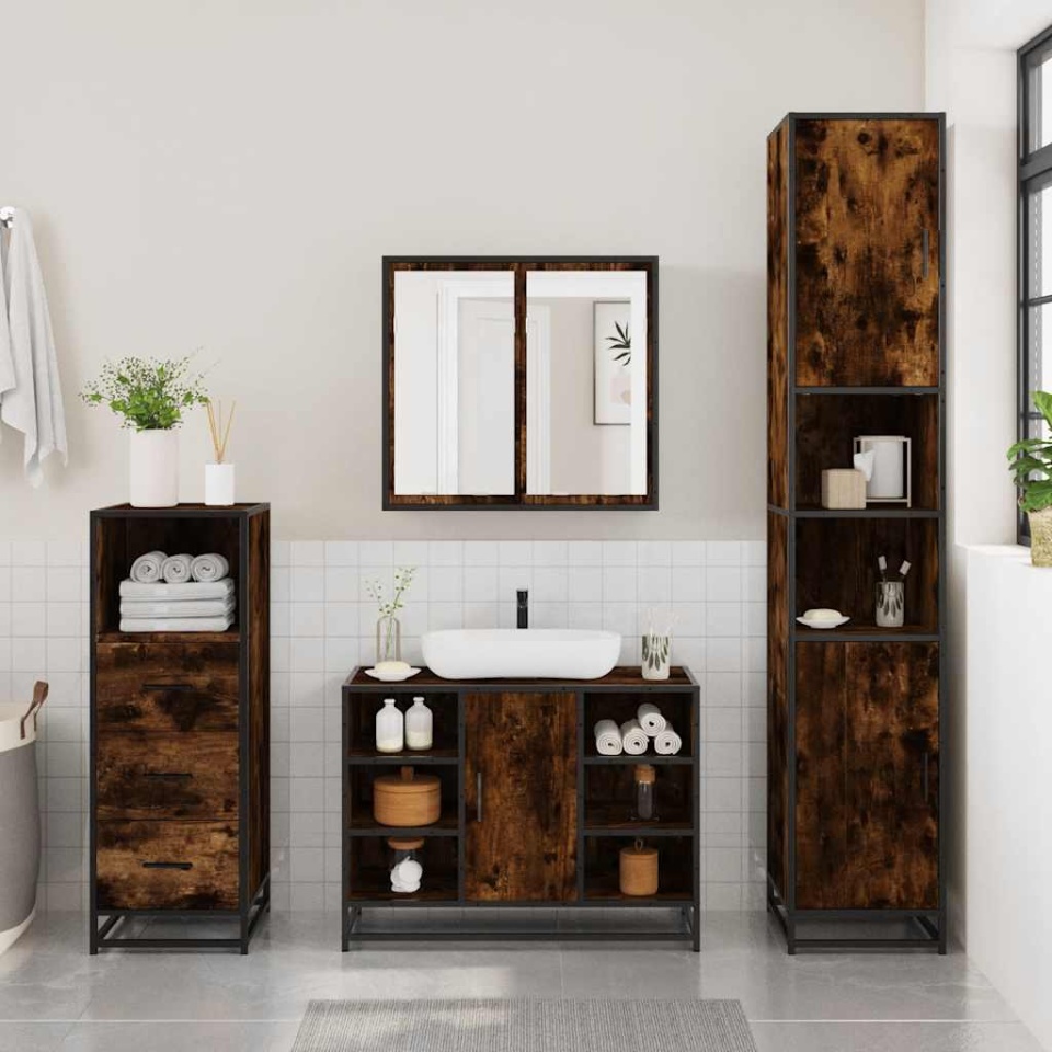 Set mobilier de baie, 3 piese, stejar fumuriu, lemn prelucrat - 2 | YEO