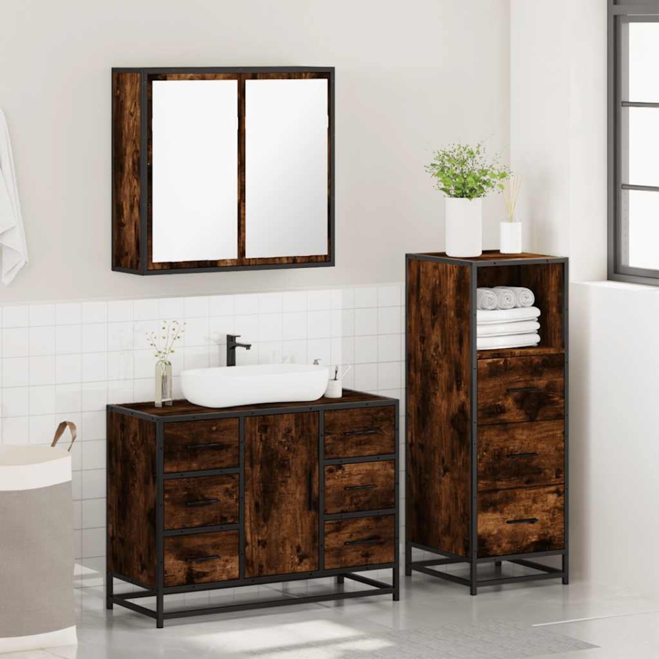 Set mobilier de baie, 3 piese, stejar fumuriu, lemn prelucrat - 3 | YEO