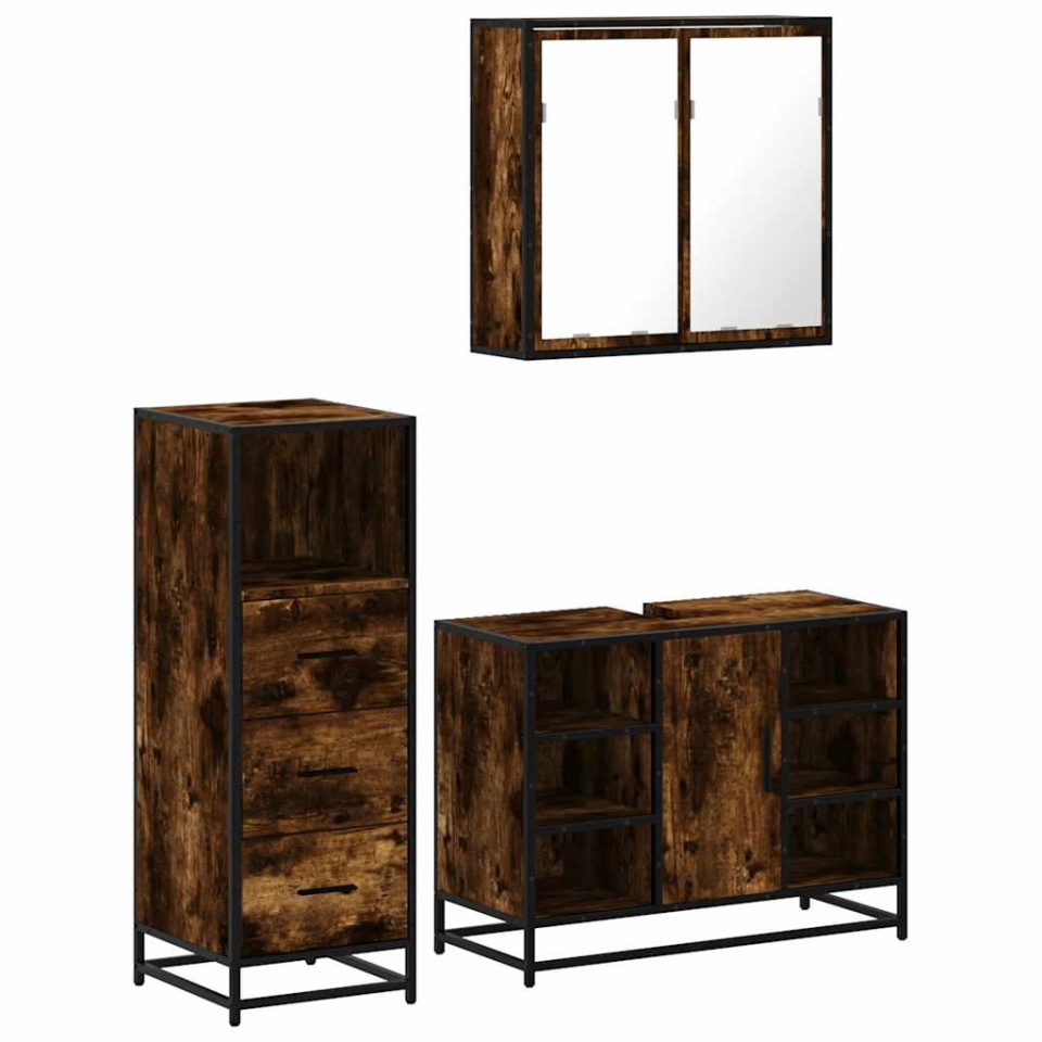 Set mobilier de baie, 3 piese, stejar fumuriu, lemn prelucrat - 1 | YEO
